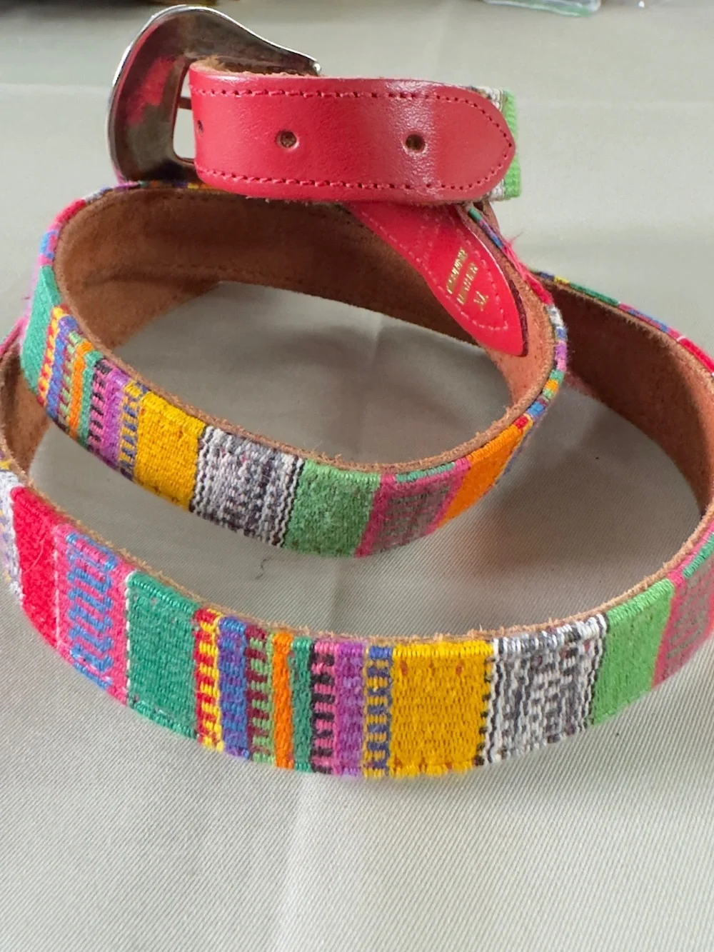 Woven Textile Leather Belt Colorful Southwestern Silver Floral Buckle